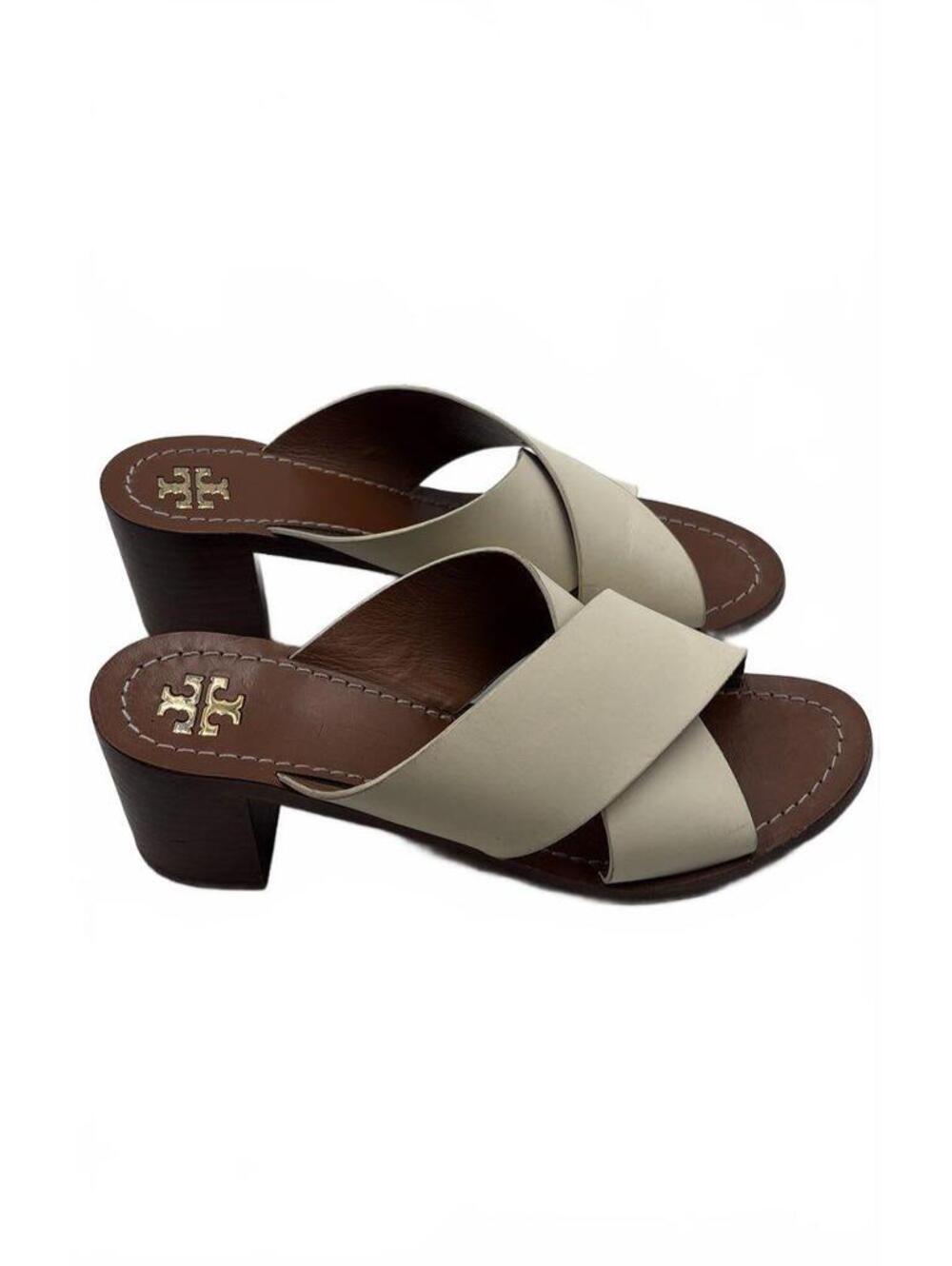 Tory Burch Size 6.5 Ivory Leather Block Heel Slide Sandals